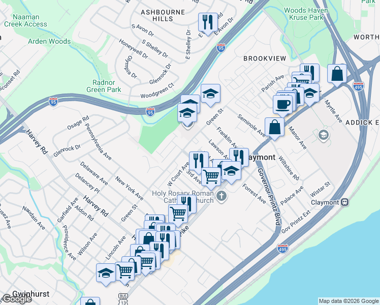 map of restaurants, bars, coffee shops, grocery stores, and more near 3201 East Court Avenue in Claymont