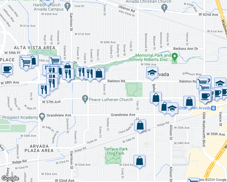 map of restaurants, bars, coffee shops, grocery stores, and more near 5730 Dudley Street in Arvada