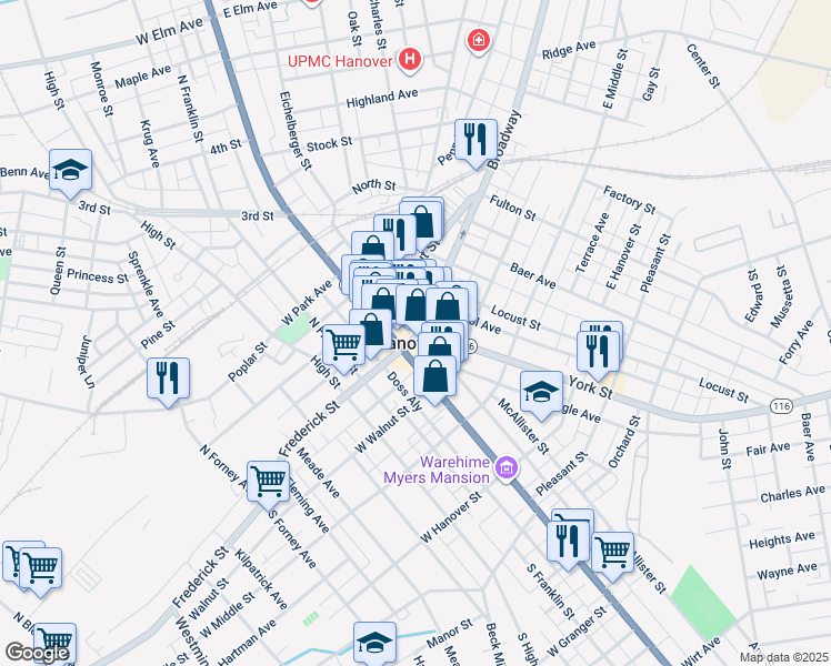 map of restaurants, bars, coffee shops, grocery stores, and more near 36 Broadway in Hanover