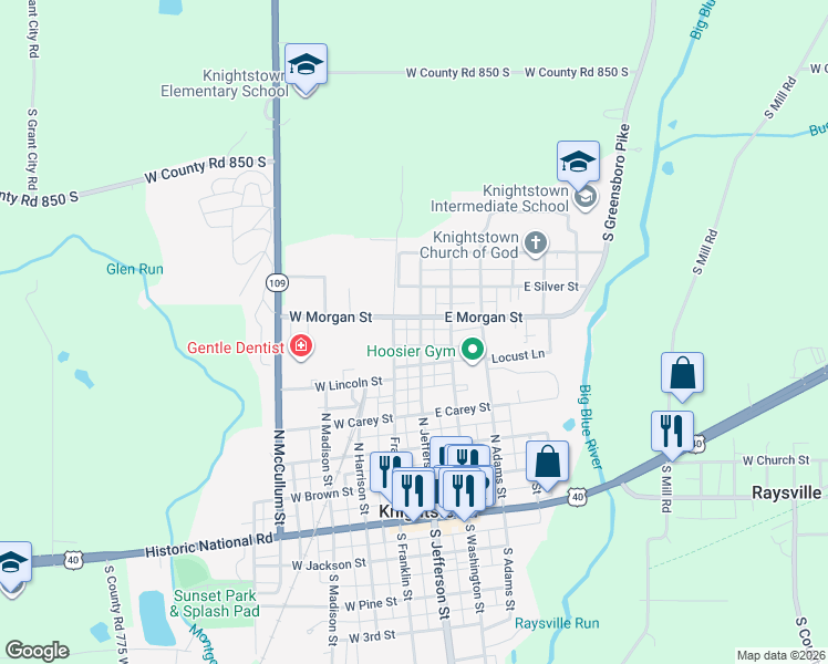 map of restaurants, bars, coffee shops, grocery stores, and more near 470 North Jefferson Street in Knightstown