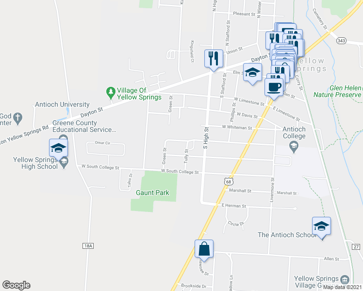 map of restaurants, bars, coffee shops, grocery stores, and more near 330 West North College Street in Yellow Springs