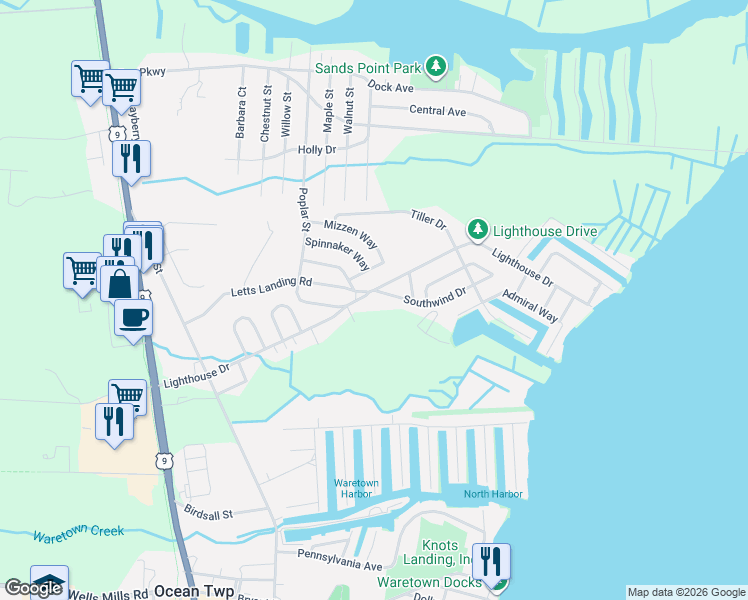 map of restaurants, bars, coffee shops, grocery stores, and more near 84 Lighthouse Drive in Ocean Township