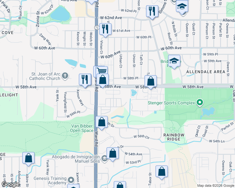 map of restaurants, bars, coffee shops, grocery stores, and more near 12280 West 58th Avenue in Arvada