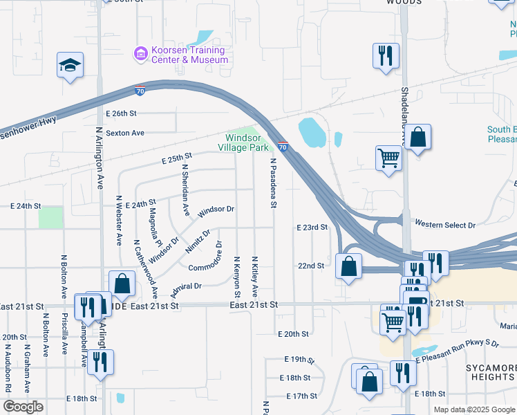 map of restaurants, bars, coffee shops, grocery stores, and more near 2326 North Kitley Avenue in Indianapolis