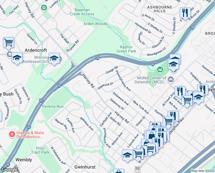map of restaurants, bars, coffee shops, grocery stores, and more near 5 Glenrock Drive in Claymont
