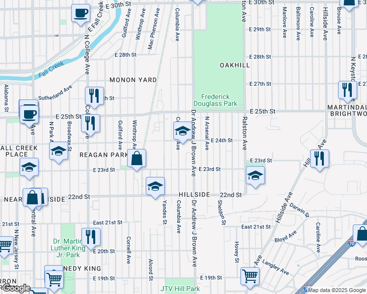 map of restaurants, bars, coffee shops, grocery stores, and more near 2353 Columbia Avenue in Indianapolis
