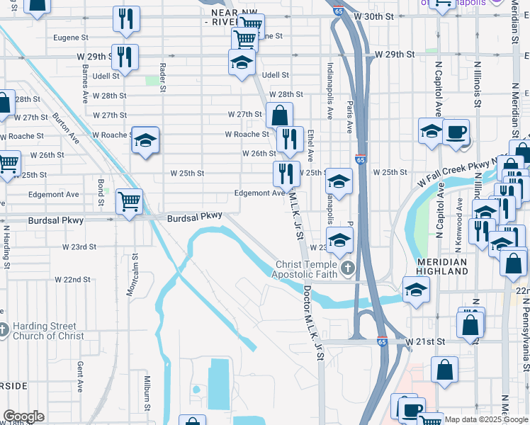 map of restaurants, bars, coffee shops, grocery stores, and more near 2401 Franklin Place in Indianapolis