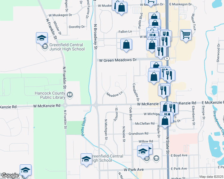 map of restaurants, bars, coffee shops, grocery stores, and more near 1305 Fairview Drive in Greenfield