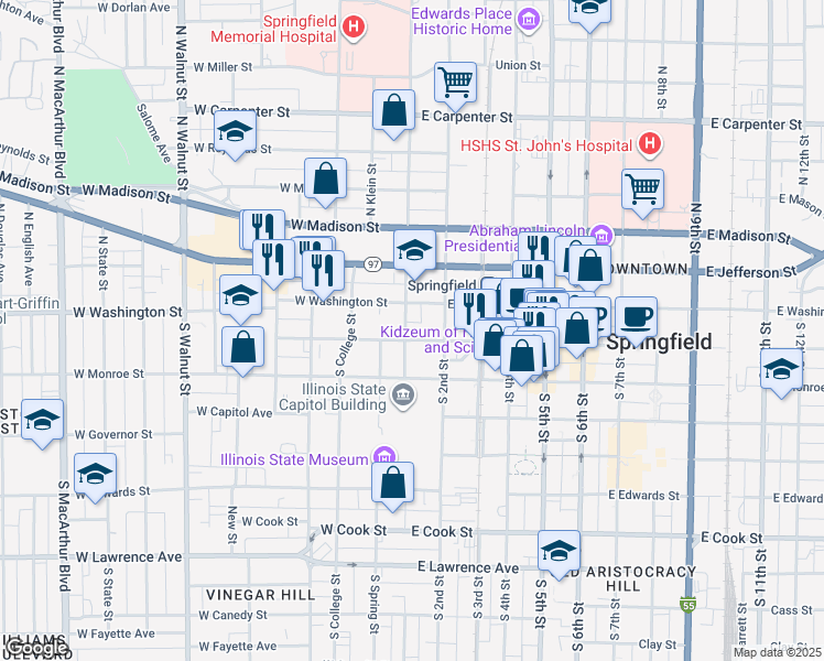 map of restaurants, bars, coffee shops, grocery stores, and more near 100 South 1st Street in Springfield