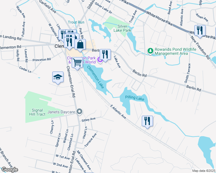 map of restaurants, bars, coffee shops, grocery stores, and more near 250 Saratoga Terrace in Clementon