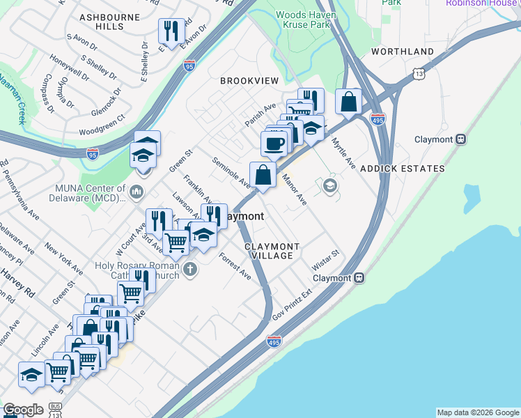map of restaurants, bars, coffee shops, grocery stores, and more near 3402 Philadelphia Pike in Claymont