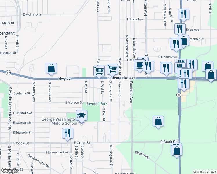 map of restaurants, bars, coffee shops, grocery stores, and more near 200-204 South Livingston Street in Springfield