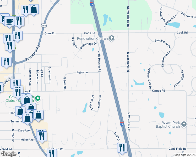 map of restaurants, bars, coffee shops, grocery stores, and more near 3408 Chris Hessler Road in Saint Joseph