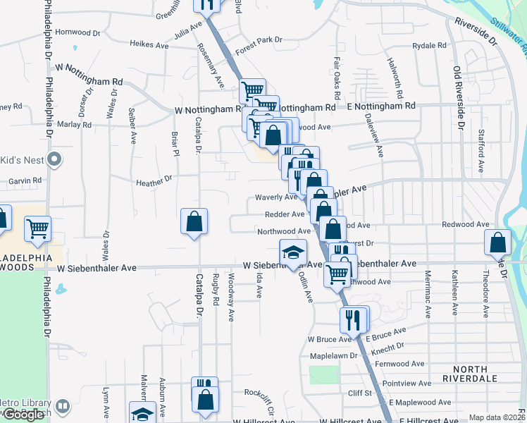 map of restaurants, bars, coffee shops, grocery stores, and more near 77 Redder Ave in Dayton