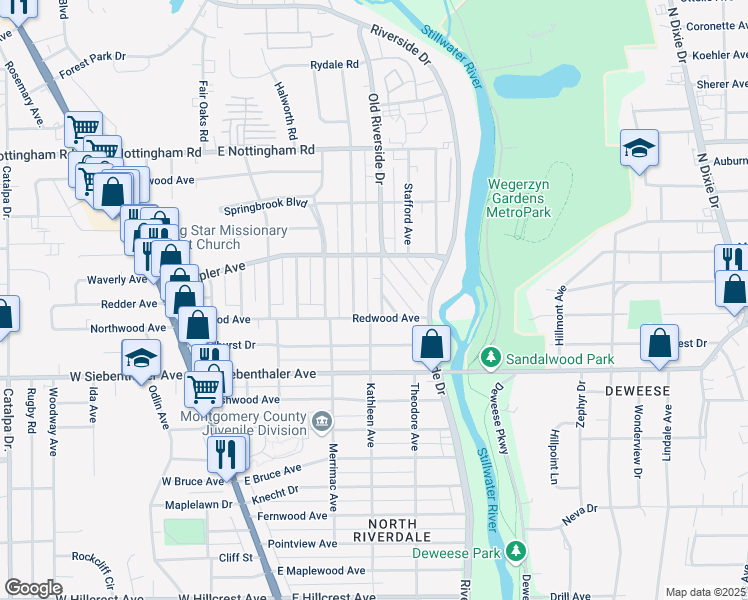 map of restaurants, bars, coffee shops, grocery stores, and more near 3819 Carroll Ave in Dayton