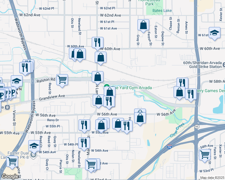 map of restaurants, bars, coffee shops, grocery stores, and more near 5752 North Lamar Street in Arvada