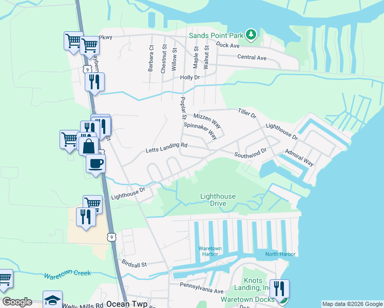 map of restaurants, bars, coffee shops, grocery stores, and more near 89 Poplar Street in Ocean Township