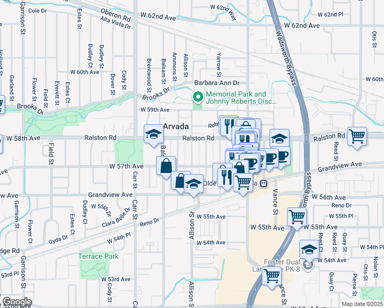 map of restaurants, bars, coffee shops, grocery stores, and more near 5711 Zephyr Street in Arvada