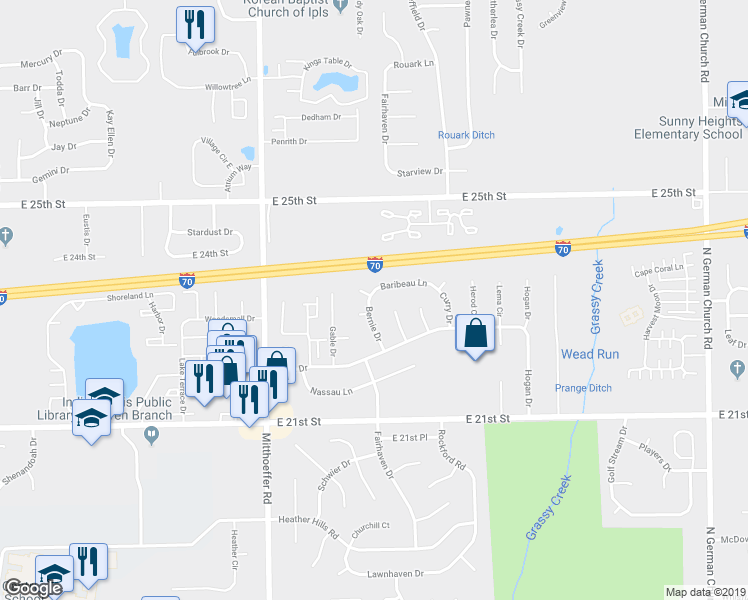 map of restaurants, bars, coffee shops, grocery stores, and more near 2313 Bernie Drive in Indianapolis