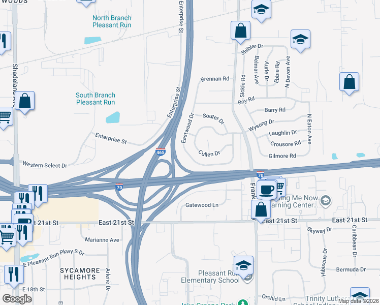 map of restaurants, bars, coffee shops, grocery stores, and more near 2329 Eastwood Drive in Indianapolis