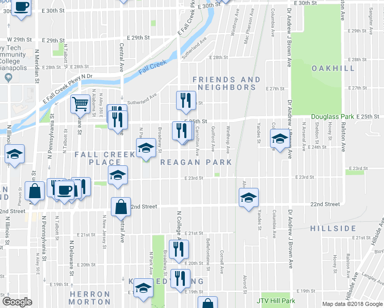 map of restaurants, bars, coffee shops, grocery stores, and more near 2354 Carrollton Avenue in Indianapolis