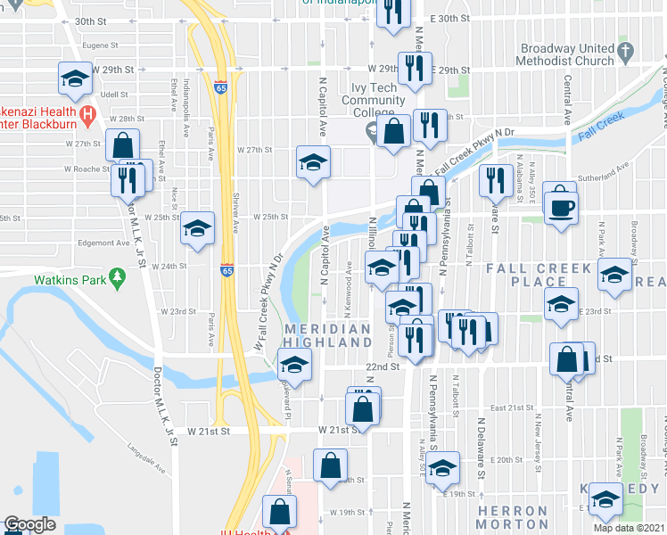 map of restaurants, bars, coffee shops, grocery stores, and more near 2408 North Capitol Avenue in Indianapolis