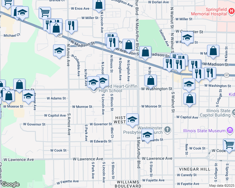 map of restaurants, bars, coffee shops, grocery stores, and more near 108 South Illinois Street in Springfield
