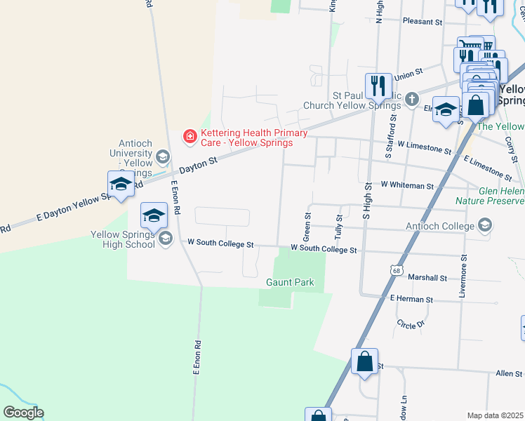 map of restaurants, bars, coffee shops, grocery stores, and more near 760 Wright Street in Yellow Springs