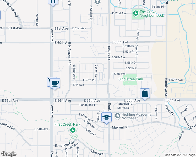 map of restaurants, bars, coffee shops, grocery stores, and more near 5754 Ceylon Street in Denver