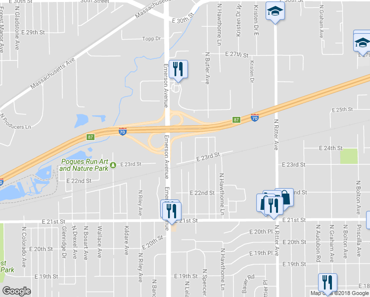 map of restaurants, bars, coffee shops, grocery stores, and more near 2325 North Leland Avenue in Indianapolis