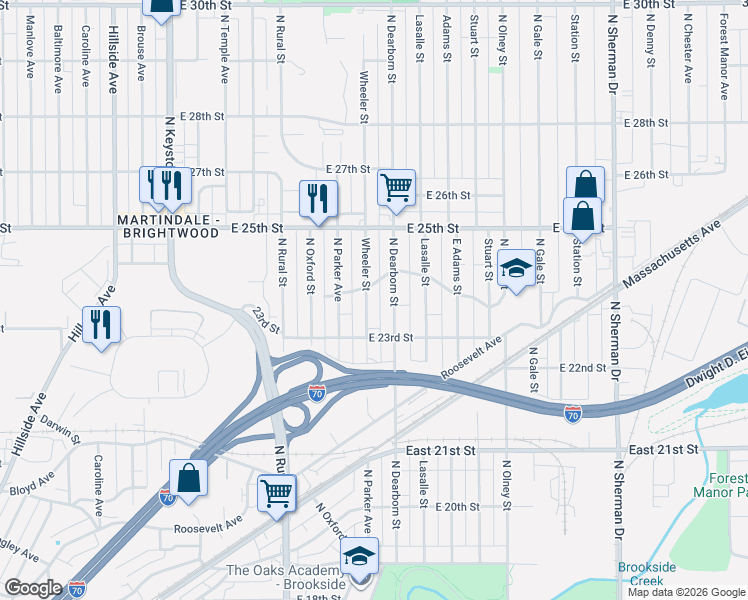 map of restaurants, bars, coffee shops, grocery stores, and more near 2338 Wheeler Street in Indianapolis