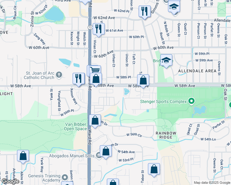 map of restaurants, bars, coffee shops, grocery stores, and more near 12280 West 58th Avenue in Arvada