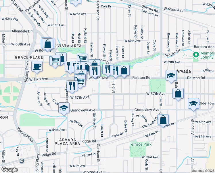 map of restaurants, bars, coffee shops, grocery stores, and more near 5747 Falk Court in Arvada