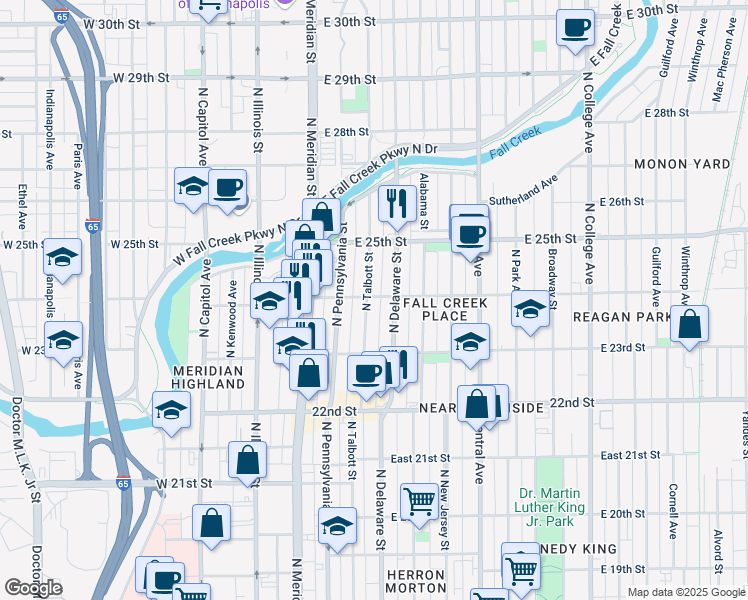 map of restaurants, bars, coffee shops, grocery stores, and more near 2363 N Talbott St in Indianapolis