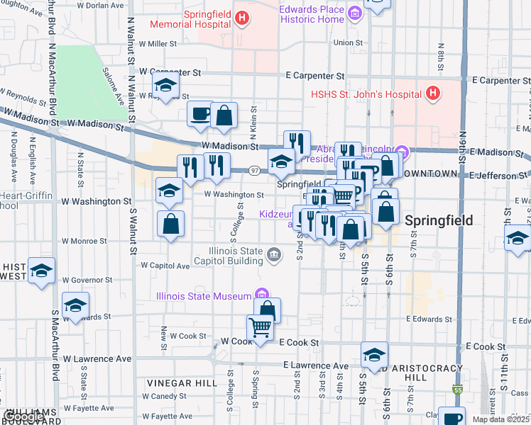 map of restaurants, bars, coffee shops, grocery stores, and more near 100 South 1st Street in Springfield