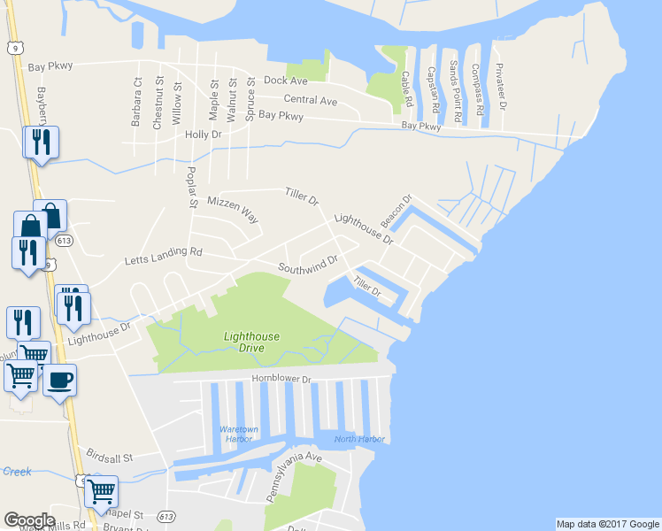 map of restaurants, bars, coffee shops, grocery stores, and more near 42 Southwind Dr in Ocean Township