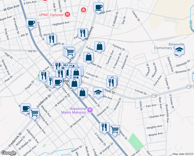 map of restaurants, bars, coffee shops, grocery stores, and more near 213 Locust Street in Hanover