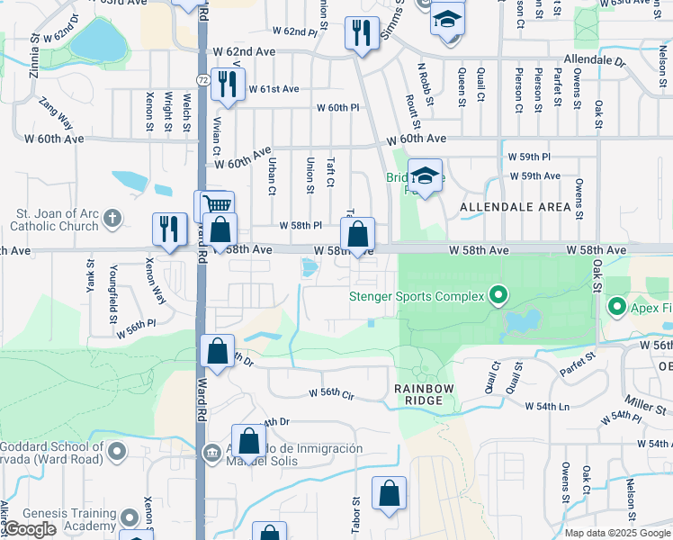 map of restaurants, bars, coffee shops, grocery stores, and more near 5771 Tabor Street in Arvada