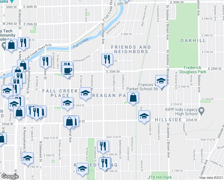 map of restaurants, bars, coffee shops, grocery stores, and more near 2354 Carrollton Avenue in Indianapolis