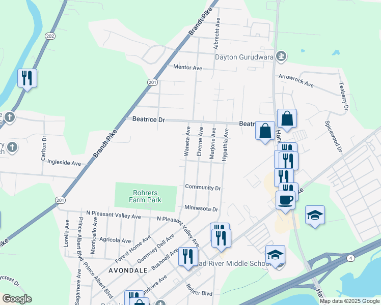 map of restaurants, bars, coffee shops, grocery stores, and more near 410 Waneta Avenue in Dayton
