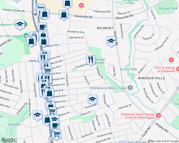 map of restaurants, bars, coffee shops, grocery stores, and more near 406 Concord Avenue in Wilmington