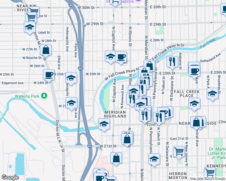map of restaurants, bars, coffee shops, grocery stores, and more near 2408 North Capitol Avenue in Indianapolis
