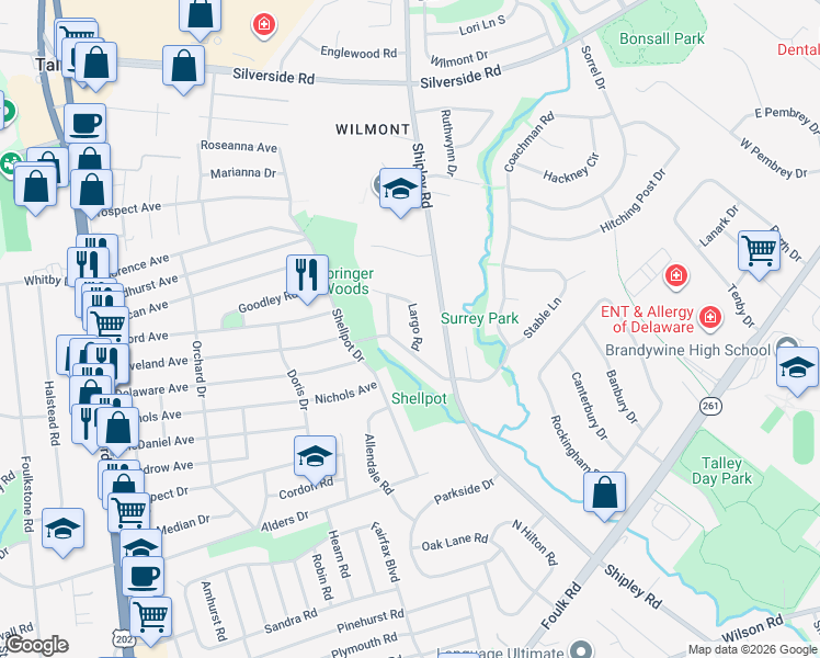 map of restaurants, bars, coffee shops, grocery stores, and more near 2104 Largo Road in Wilmington