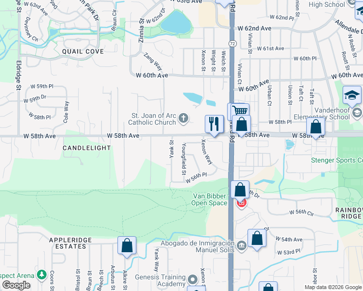 map of restaurants, bars, coffee shops, grocery stores, and more near 5775 Youngfield Street in Arvada