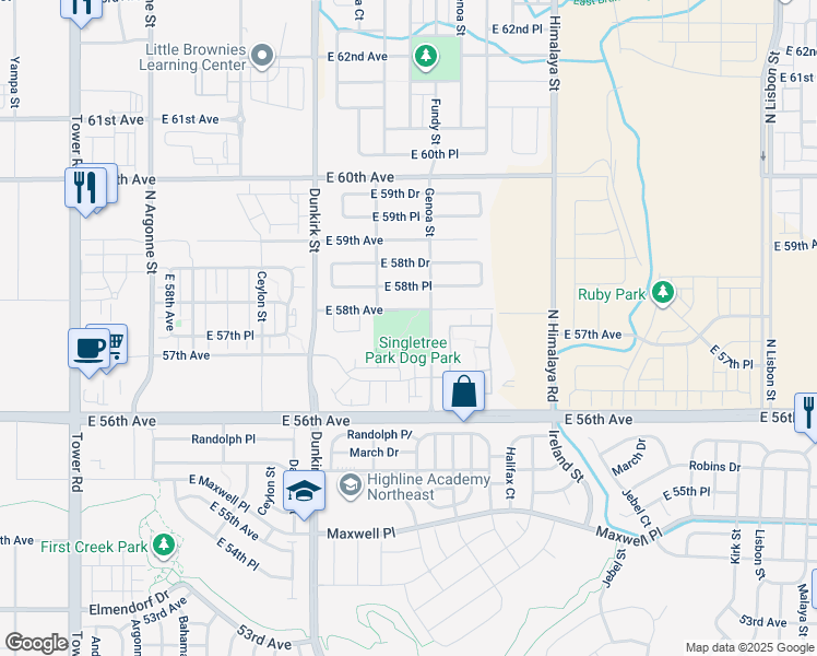 map of restaurants, bars, coffee shops, grocery stores, and more near 19590 East 58th Avenue in Aurora