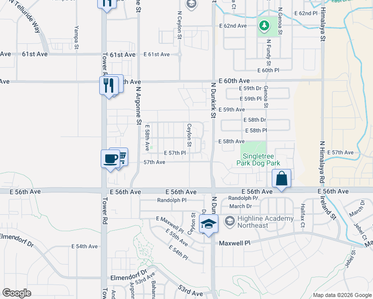 map of restaurants, bars, coffee shops, grocery stores, and more near 5754 Ceylon Street in Denver
