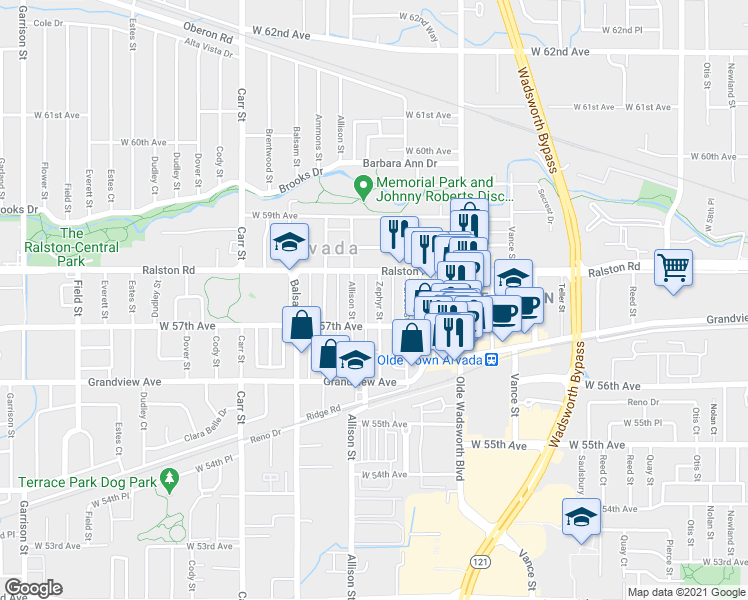 map of restaurants, bars, coffee shops, grocery stores, and more near 5711 Zephyr Street in Arvada