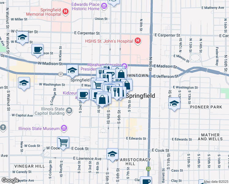 map of restaurants, bars, coffee shops, grocery stores, and more near 1 North Old State Capitol Plaza in Springfield