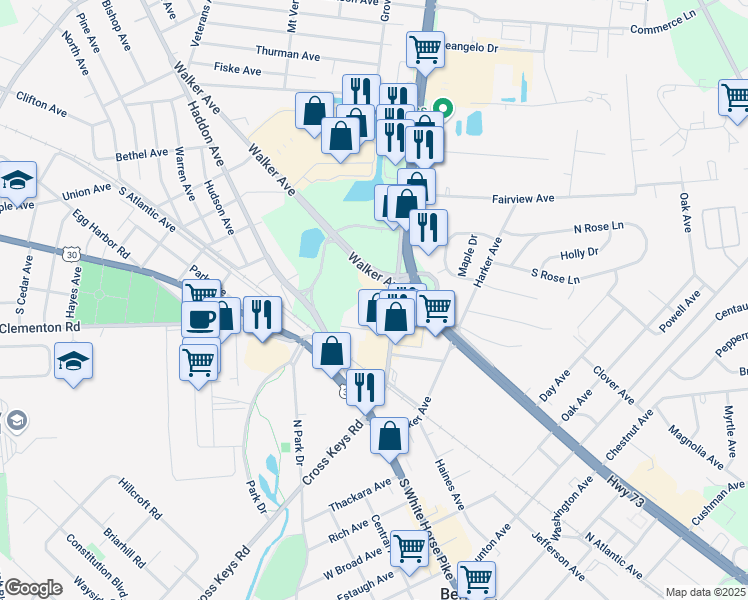 map of restaurants, bars, coffee shops, grocery stores, and more near 100 New Jersey 73 in Berlin