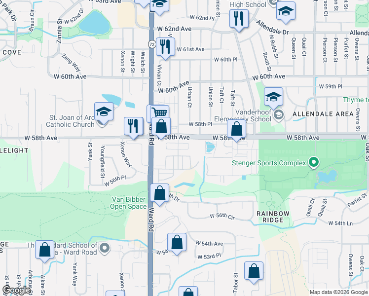 map of restaurants, bars, coffee shops, grocery stores, and more near 12280 West 58th Avenue in Arvada